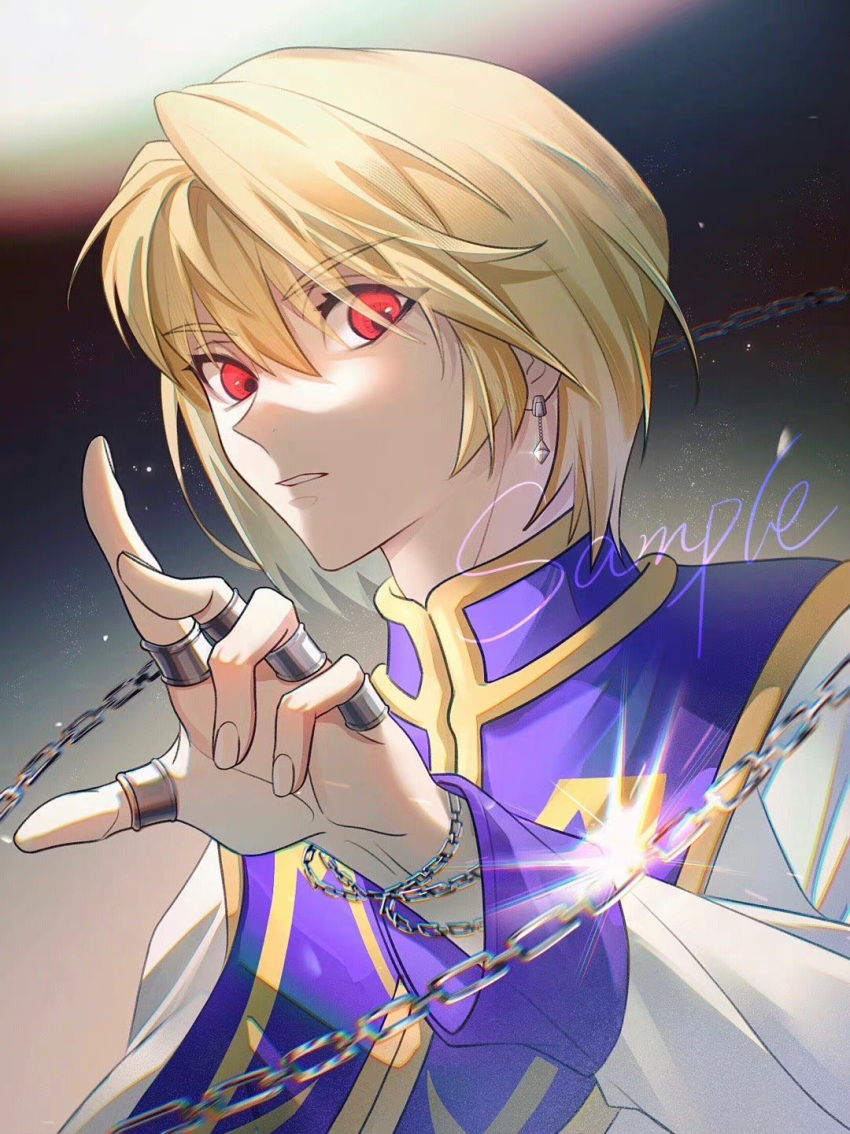 1boy androgynous blonde_hair blue_tabard chain crystal_earrings earrings glint highres hunter_x_hunter jewelry kurapika long_sleeves looking_at_viewer male_focus medium_hair multiple_rings ppttppff red_eyes ring solo tabard thumb_ring upper_body