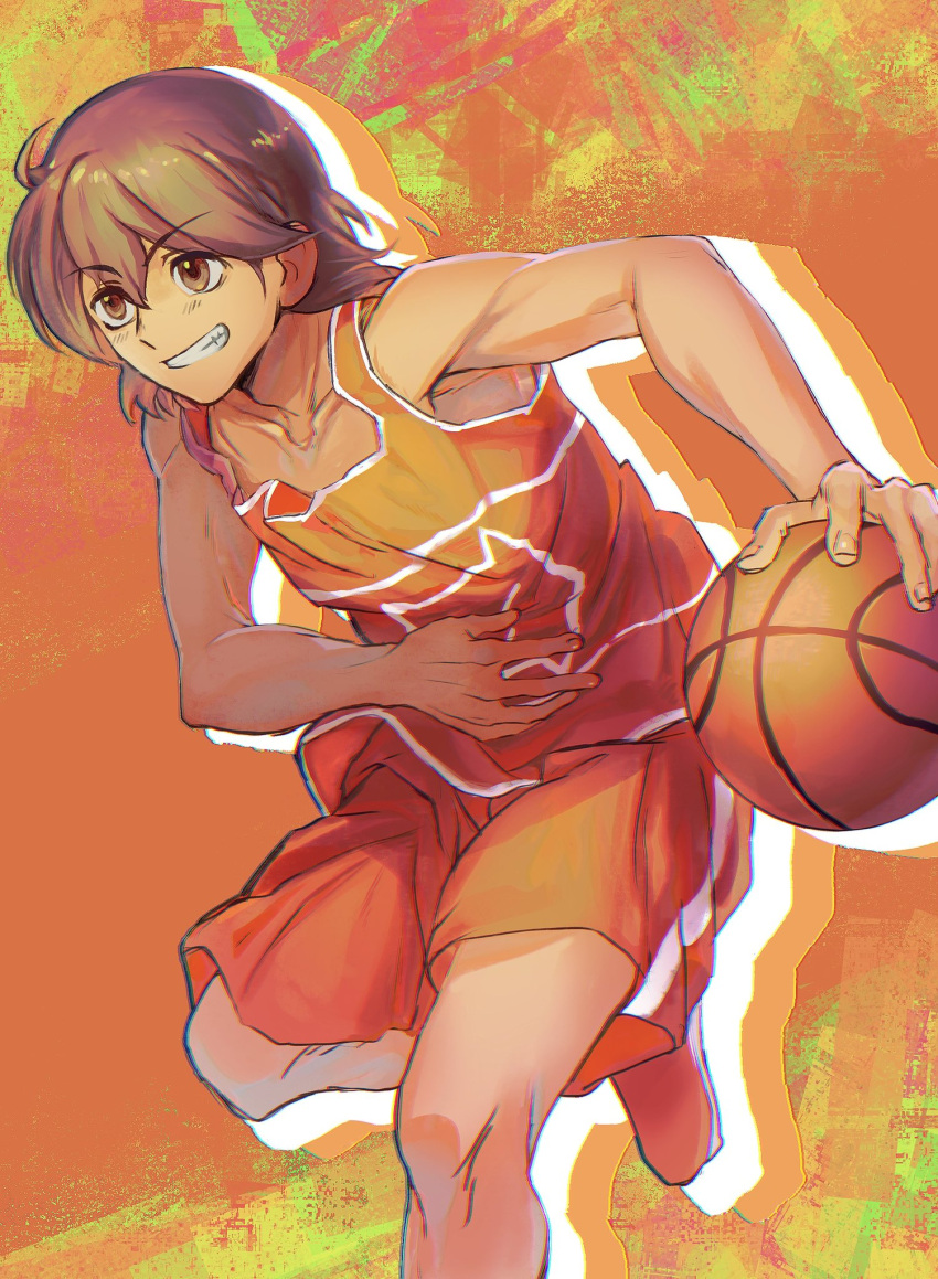 1boy arugen ball basketball blush brown_eyes brown_hair collarbone dark-skinned_male dark_skin grin highres holding holding_ball kel_(omori) looking_away omori orange_shorts parted_lips short_hair shorts smile solo teeth