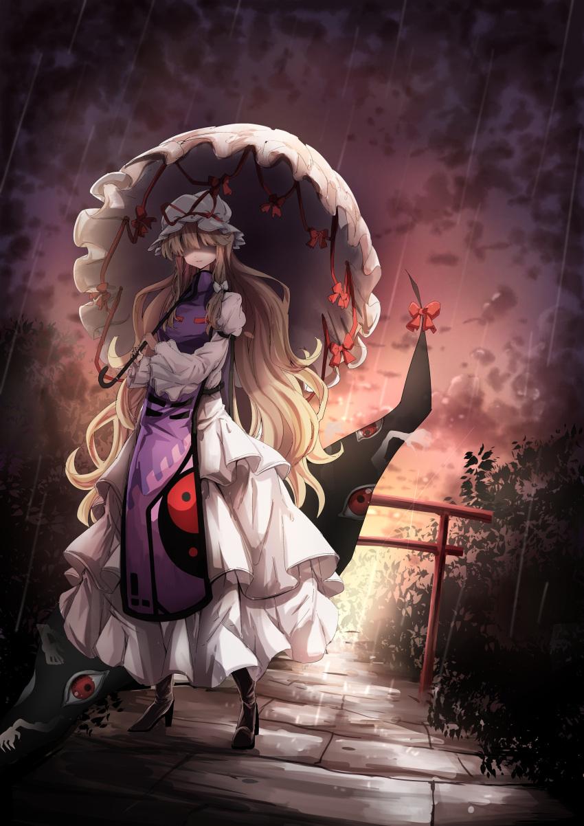 1girl absurdres blonde_hair clip_studio_paint_(medium) darjeeling_(reley) dark dress frilled_dress frills hat hat_ribbon hedge highres long_hair long_sleeves mob_cap morning parasol portal_(object) puffy_long_sleeves puffy_sleeves rain red_ribbon ribbon shaded_face shadow solo stone_floor sunlight touhou trigram umbrella very_long_hair water_drop white_dress yakumo_yukari