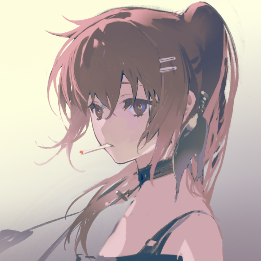 1girl black_choker brown_eyes brown_hair choker cigarette close-up commentary cross cross_choker expressionless eyebrows_hidden_by_hair eyelashes from_side grey_background hair_between_eyes hair_ornament hairclip highres long_hair looking_at_viewer minakami_yuki ponytail simple_background sketch smoking solo subarashiki_hibi symbol-only_commentary tuzaixia