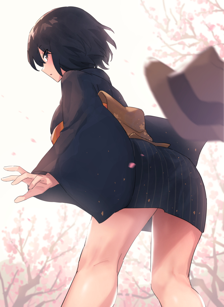 1girl bad_link black_kimono blurry blurry_foreground brown_eyes brown_headwear chorefuji commentary_request day falling_petals from_below hat hat_removed headwear_removed highres japanese_clothes kimono kneepits long_sleeves looking_back looking_down orange_sash original outdoors petals sash short_hair short_kimono solo tree wide_sleeves