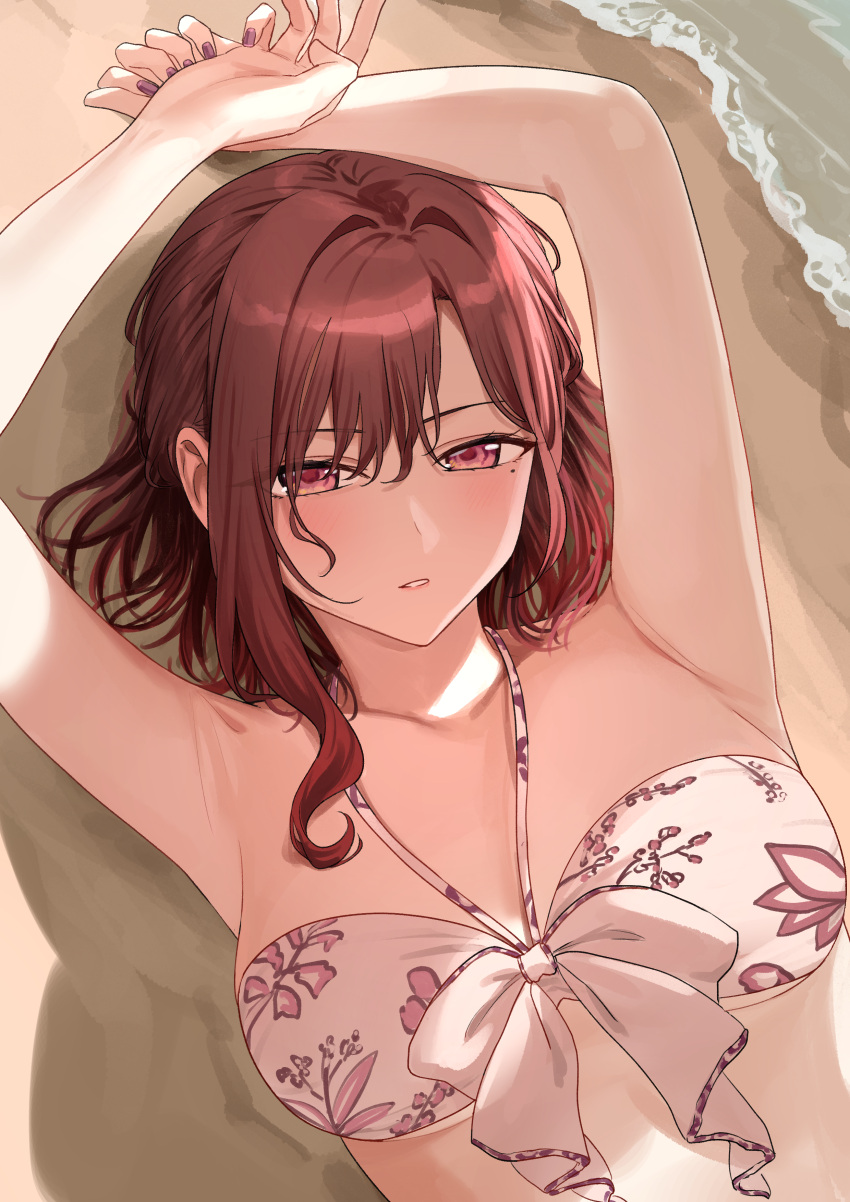 1girl absurdres armpits arms_up beach bikini breasts brown_hair collarbone fingernails floral_print hair_intakes highres higuchi_madoka idolmaster idolmaster_shiny_colors looking_at_viewer lying medium_breasts mole mole_under_eye nail_polish nonbire on_back on_ground red_eyes solo swimsuit upper_body white_bikini