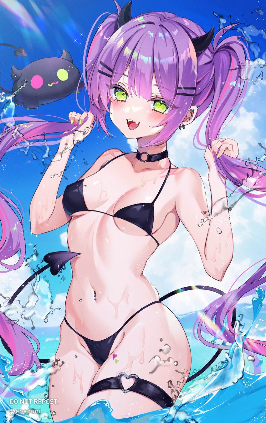 1girl absurdres bare_shoulders bibi_(tokoyami_towa) bikini black_bikini blush breasts choker demon_girl demon_horns demon_tail ear_piercing eneru_(enepuni) fangs green_eyes hair_ornament hairclip heart_o-ring highres hololive horns long_hair looking_at_viewer medium_breasts multicolored_hair o-ring o-ring_choker o-ring_thigh_strap open_mouth piercing pink_hair purple_hair smile solo streaked_hair swimsuit tail tail_ornament tail_piercing teeth thigh_strap tokoyami_towa twintails umi_(kaijuu_no_kodomo) upper_teeth_only virtual_youtuber