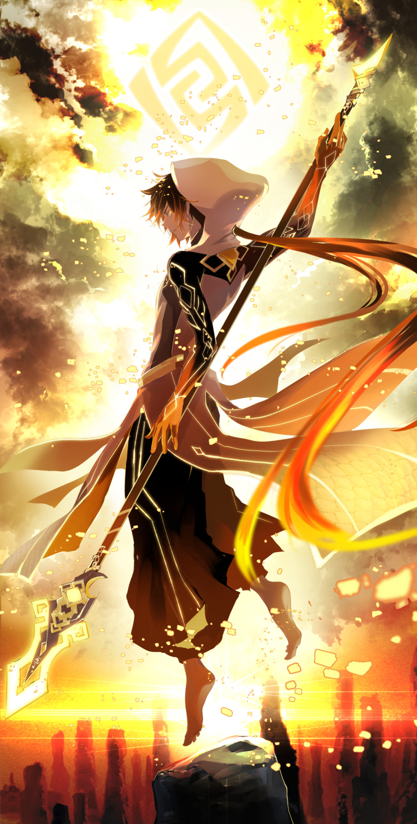 1boy arm_up baggy_pants black_pants brown_hair closed_mouth cloud cloudy_sky coat commentary_request eyeshadow floating_hair full_body genshin_impact geo_symbol_(genshin_impact) glowing glowing_eyes gradient_clothes gradient_hair hair_between_eyes highres holding holding_polearm holding_weapon hood hood_up hooded_coat long_hair looking_at_viewer low_ponytail makeup male_focus mori_morii mountain multicolored_hair orange_eyeshadow orange_hair pants polearm ponytail sidelocks sideways_glance sky solo very_long_hair vortex_vanquisher_(genshin_impact) weapon white_coat yellow_eyes zhongli_(archon)_(genshin_impact) zhongli_(genshin_impact)