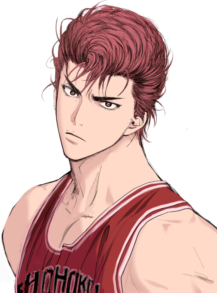 1boy basketball_jersey basketball_uniform bishounen black_eyes buzz_cut closed_eyes glaring highres llll_100 looking_at_another male_focus pectoral_cleavage pectorals pompadour red-eye_effect red_hair red_tank_top sakuragi_hanamichi short_hair simple_background slam_dunk_(series) solo sportswear tank_top upper_body very_short_hair white_background