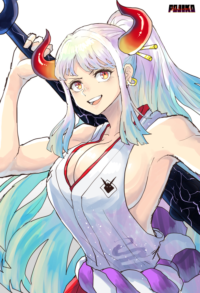 1girl armpits artist_name blue_hair breasts chikoinochi club_(weapon) curled_horns earrings highres holding holding_club holding_weapon hoop_earrings horns japanese_clothes jewelry kanabou large_breasts looking_at_viewer multicolored_hair one_piece oni oni_horns red_eyes red_horns rope shimenawa sideboob smile solo two-tone_hair upper_body weapon white_background white_hair yamato_(one_piece)