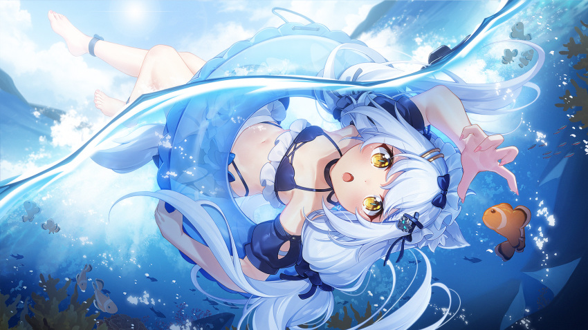 1girl animal_ears ankle_strap bikini black_bikini black_bow blue_innertube blue_pupils bow breasts clownfish commentary_request dango_remi detached_sleeves elza_(vtuber) fang feet_up fingernails fish frilled_bikini frills grey_hair hair_bow hair_ornament highres indie_virtual_youtuber long_fingernails long_hair looking_at_animal low_twintails maid maid_bikini maid_headdress nail_polish navel ocean open_mouth partially_submerged partially_underwater_shot pink_nails puffy_detached_sleeves puffy_sleeves small_breasts solo swimsuit tail twintails unconventional_maid virtual_youtuber water wolf_ears wolf_girl wolf_tail x_hair_ornament yellow_eyes