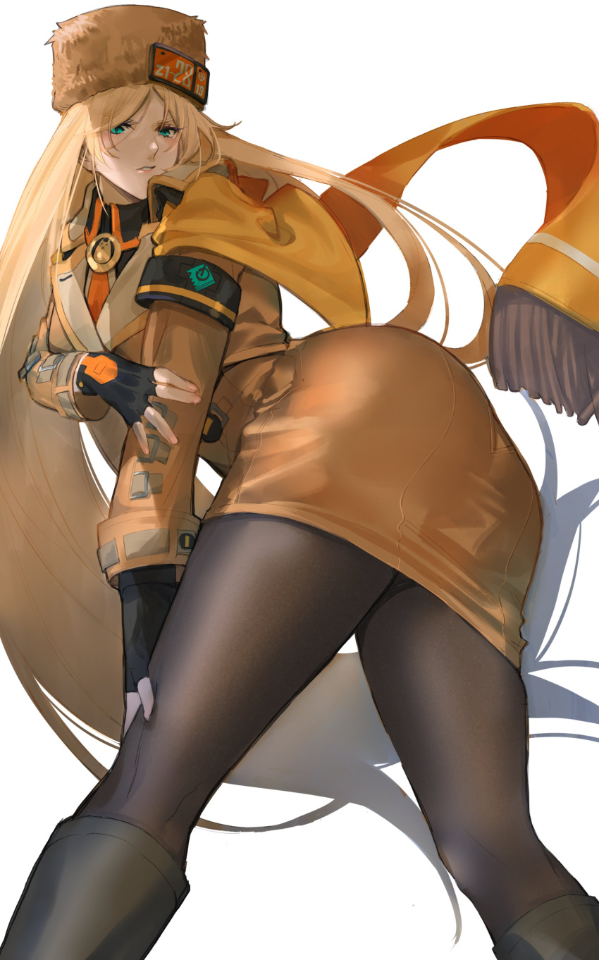 1girl absurdres arm_scarf ass black_gloves blonde_hair brown_coat coat fingerless_gloves fur_hat gloves guilty_gear guilty_gear_strive hat highres leggings long_hair long_sleeves millia_rage pantyhose parted_lips prehensile_hair scarf shaded_face solo uonomesabu ushanka very_long_hair