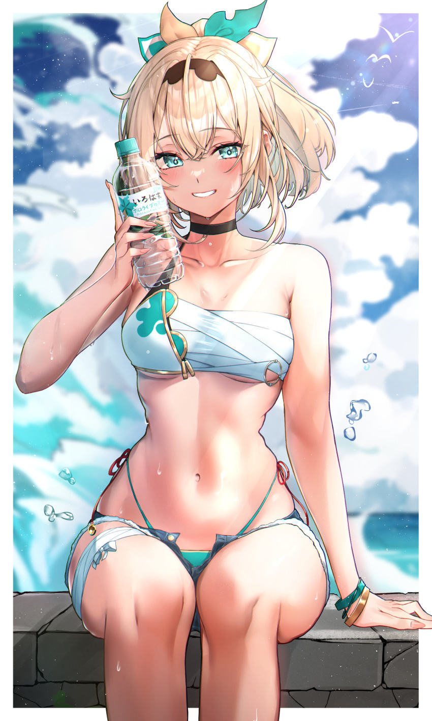 1girl absurdres aqua_eyes bikini black_choker blonde_hair bottle breasts chest_sarashi choker denim denim_shorts fingernails highres holding holding_bottle hololive kazama_iroha medium_breasts navel ponytail raag_jp sarashi shorts sitting smile swimsuit virtual_youtuber water_bottle wristband