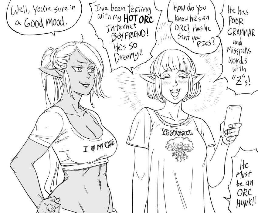 &lt;3 5_fingers baalbuddy blush breasts cellphone cleavage clothed clothing comic cowlick dark_body dark_elf dark_skin dialogue duo elf emanata english_text eyes_closed female female_humanoid fingers greyscale hair hand_on_hip hi_res holding_cellphone holding_object holding_phone holding_smartphone humanoid humanoid_pointy_ears long_hair looking_at_another midriff monochrome navel phone ponytail raised_arm shirt short_hair smartphone smile speech_bubble standing teeth text text_on_clothing text_on_shirt text_on_t-shirt text_on_topwear topwear