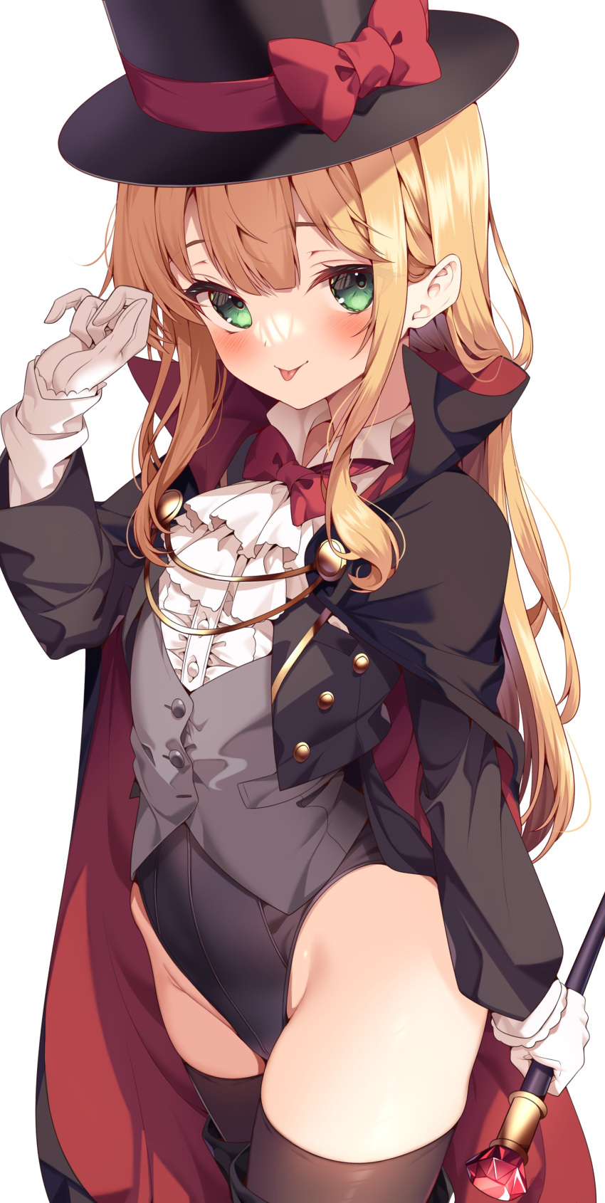 1girl :p absurdres black_cloak black_jacket black_leotard black_thighhighs blonde_hair bow bowtie cane cloak collared_shirt commission gem gloves green_eyes hair_between_eyes hat hat_bow highres jacket jun_(aousa0328) leotard leotard_under_clothes long_hair long_sleeves looking_at_viewer multicolored_cloak open_clothes open_jacket original phantom_thief phantom_thief_(kkmomo67) red_bow red_cloak shirt skeb_commission smile solo thighhighs thighs tongue tongue_out top_hat two-sided_cloak two-sided_fabric vest white_background white_gloves white_shirt