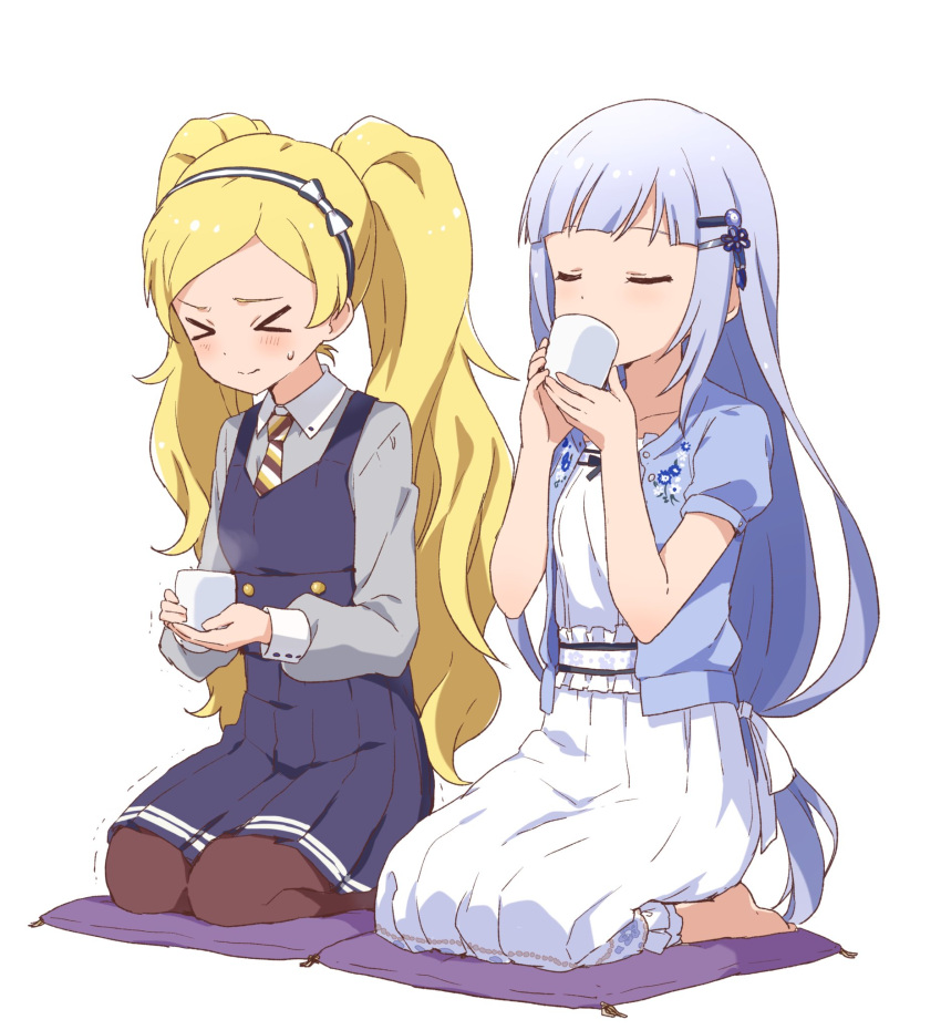 &gt;_&lt; 2girls barefoot blonde_hair blue_dress blue_hair blue_shirt blush bow breasts brown_necktie brown_pantyhose buchi_(y0u0ri_) closed_eyes collarbone cup cushion dot_nose dress drinking emily_stewart floral_print full_body grey_shirt hair_bow hair_ornament hair_ribbon hairband hairclip hands_up highres holding holding_cup idolmaster idolmaster_million_live! idolmaster_million_live!_theater_days light_blue_hair long_hair long_sleeves low-tied_long_hair medium_breasts motion_lines multiple_girls necktie open_clothes open_shirt pantyhose print_shirt purple_eyes ribbon seiza shiraishi_tsumugi shirt short_sleeves simple_background sitting sleeveless sleeveless_dress striped_necktie sweatdrop twintails very_long_hair white_background white_dress white_hairband white_ribbon yunomi zabuton