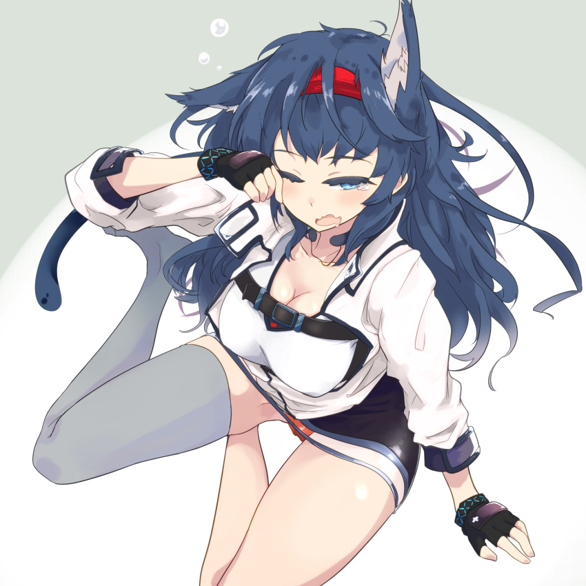 1girl animal_ear_fluff animal_ears arknights black_gloves black_skirt blaze_(arknights) blue_hair blush breasts cleavage detached_sleeves fingerless_gloves gloves grey_pantyhose grey_thighhighs hairband highres jacket long_hair long_sleeves looking_at_viewer medium_breasts messy_hair miniskirt no_shoes one_eye_closed open_clothes open_jacket open_mouth panties pantyhose red_panties rubbing_eyes saliva shirt single_thighhigh sitting skirt sleep_bubble solo tail tearing_up thighhighs totomono underwear wavy_mouth white_jacket white_shirt yokozuwari