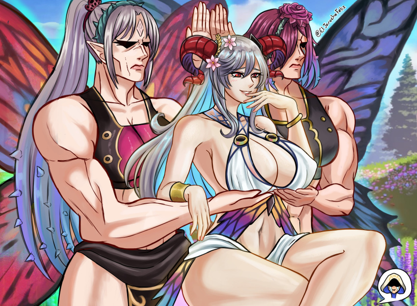 absurd_res accessory areola big_breasts black_clothing black_topwear blush blush_lines bottomwear bracelet breasts brown_horn cleavage clothed clothing crossed_legs curved_horn eljarochofeliz eyelashes female fire_emblem fire_emblem_heroes flower flower_in_hair freyja_(fire_emblem) grey_hair group hair hair_accessory hair_over_eye hi_res holding_breast horn horned_humanoid huge_breasts humanoid humanoid_pointy_ears insect_wings jewelry lepidopteran_wings loincloth long_hair meme muscular muscular_female nintendo one_eye_obstructed pink_areola plant plumeria_(fire_emblem) ponytail purple_hair record_of_ragnarok red_eyes servants_holding_aphrodite's_breasts_(meme) smile tan_body tan_skin thick_thighs topwear triandra_(fire_emblem) trio white_bottomwear white_clothing white_topwear wide_hips winged_humanoid wings