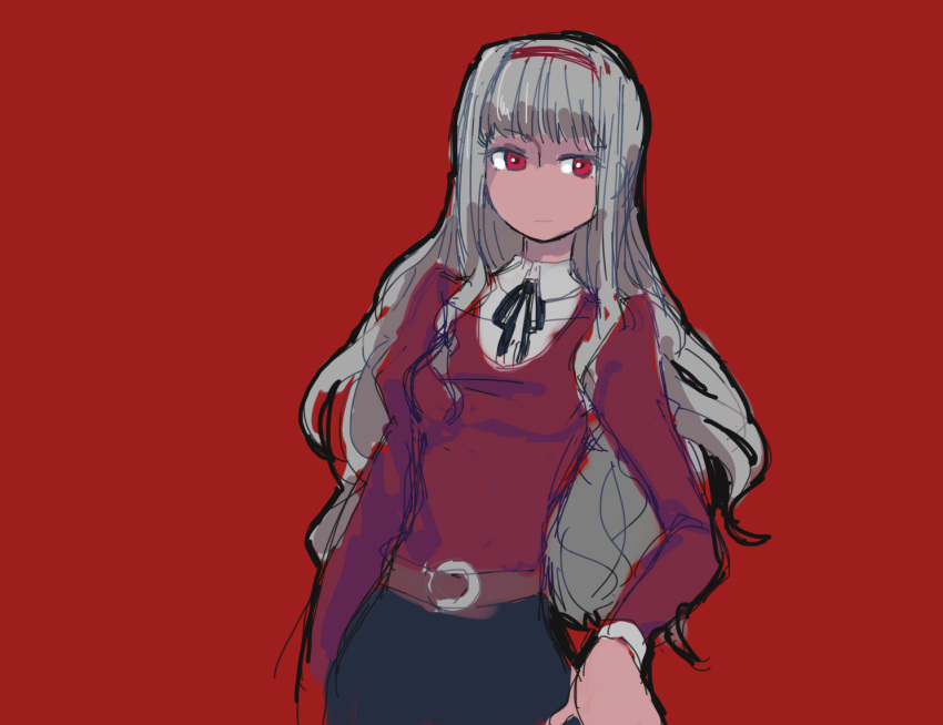 1girl belt belt_buckle black_skirt buckle headband idolmaster long_hair looking_at_viewer naname_(fossama1) red_background red_eyes red_headband red_shirt shijou_takane shirt sidelocks simple_background sketch skirt solo white_hair