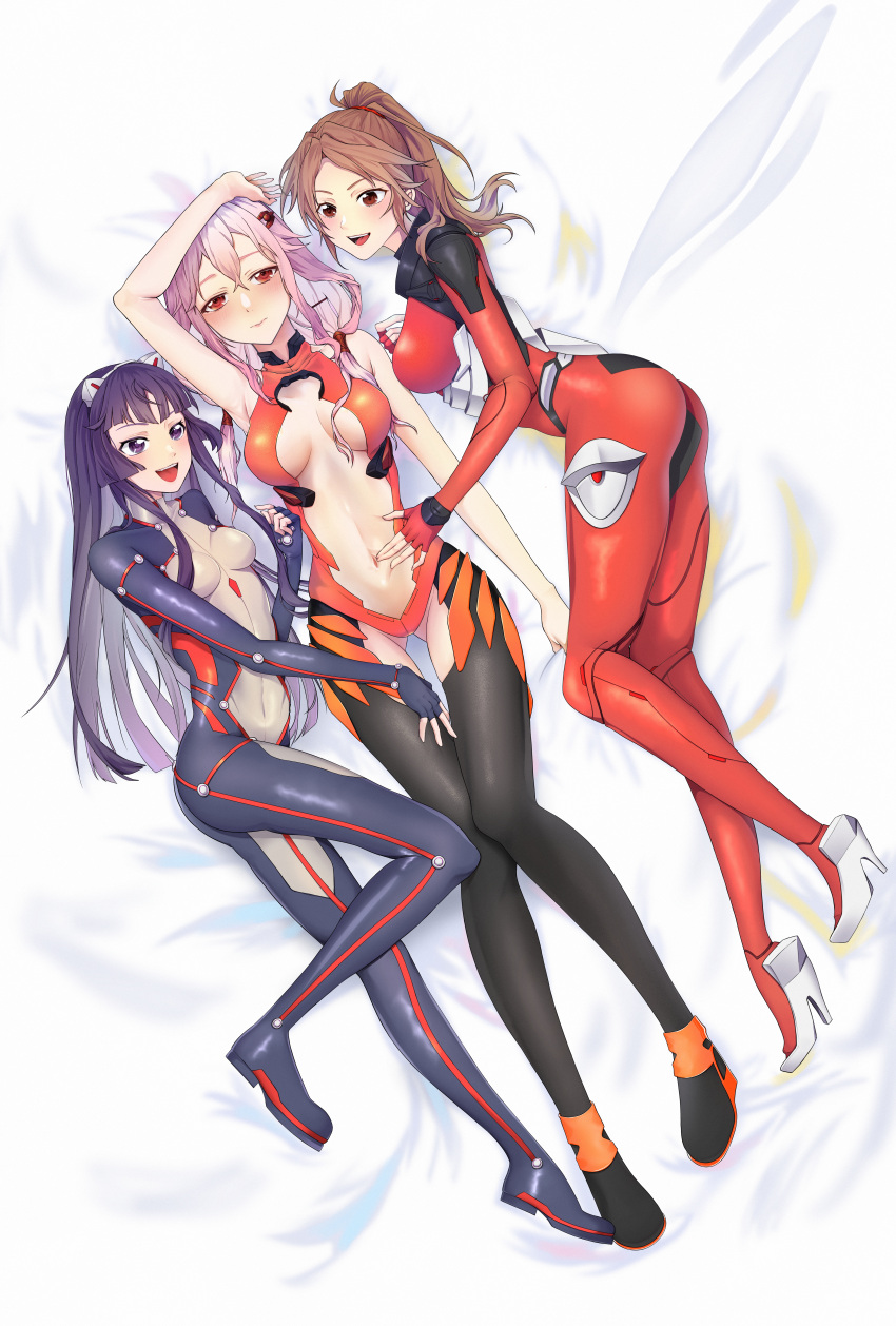 3girls absurdres animal_ears armpits bare_shoulders bed bed_sheet black_hair black_thighhighs blush body_blush bodysuit breasts brown_eyes brown_hair cat_ears center_opening cleavage fingerless_gloves gloves grey_bodysuit guilty_crown hair_ornament hairclip highres hime_cut long_hair looking_at_viewer lying medium_breasts multiple_girls navel on_back on_bed open_mouth pink_hair ponytail purple_eyes red_eyes sarina_(tosiyukiryousuke) shinomiya_ayase skin_tight small_breasts smile thighhighs tsugumi_(guilty_crown) twintails yuzuriha_inori