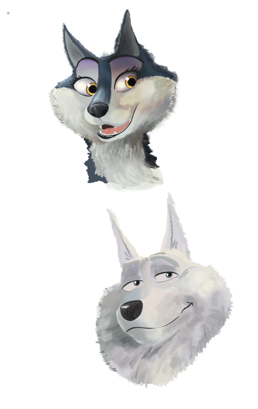 absurd_res anthro black_nose blue_eyes canid canine canis daughter_(lore) digital_media_(artwork) duo eyelashes father_(lore) female fur hair hi_res illumination_entertainment jimmy_crystal male male/female mammal open_mouth parent_(lore) porsha_crystal rool simple_background sing_(movie) smile teeth white_body white_fur wolf yellow_eyes