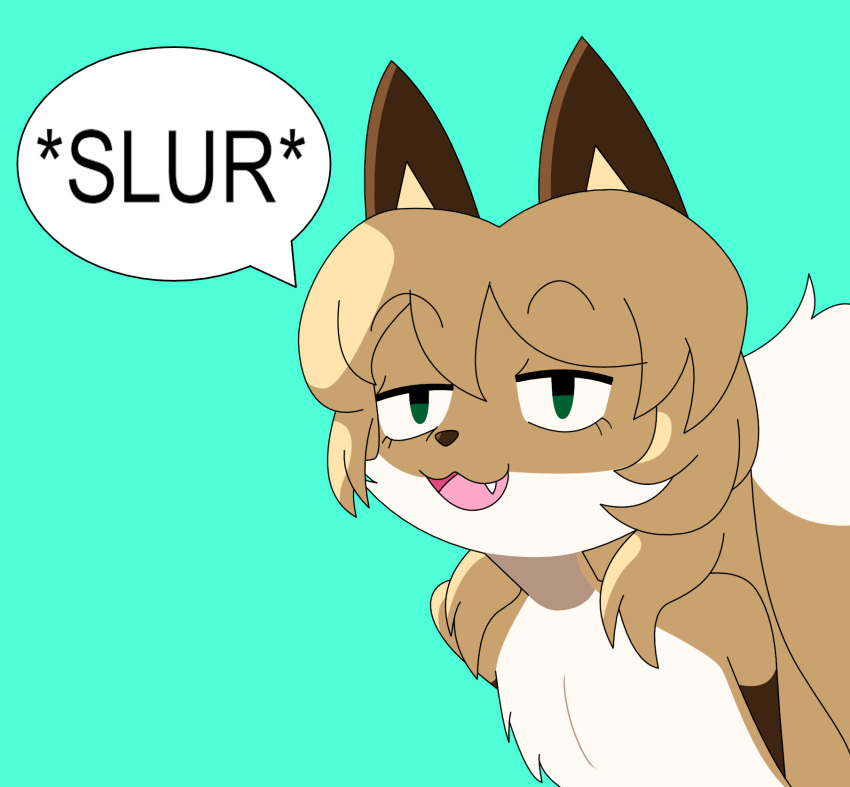 anthro averi_(fiddleafox) brown_body brown_fur canid canine female fox fur green_eyes hair hi_res long_hair looking_at_viewer mammal open_mouth redcrystal simple_background single_tooth solo speech_bubble text white_body white_fur