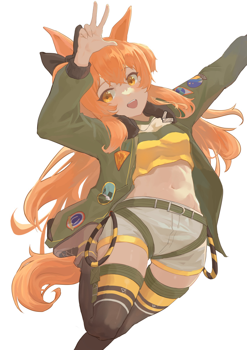 1girl :d absurdres animal_ears badge belt bomber_jacket brown_footwear cropped_shirt crossed_bangs green_belt green_jacket green_thighhighs hair_between_eyes hands_up harness head_tilt highres horse_ears horse_girl horse_tail jacket leg_up long_hair long_sleeves looking_at_viewer mayano_top_gun_(umamusume) midriff multicolored_shirt navel open_mouth orange_hair riok_hh shirt short_shorts shorts simple_background smile solo standing standing_on_one_leg tail thighhighs thighs umamusume w white_background white_shorts yellow_shirt