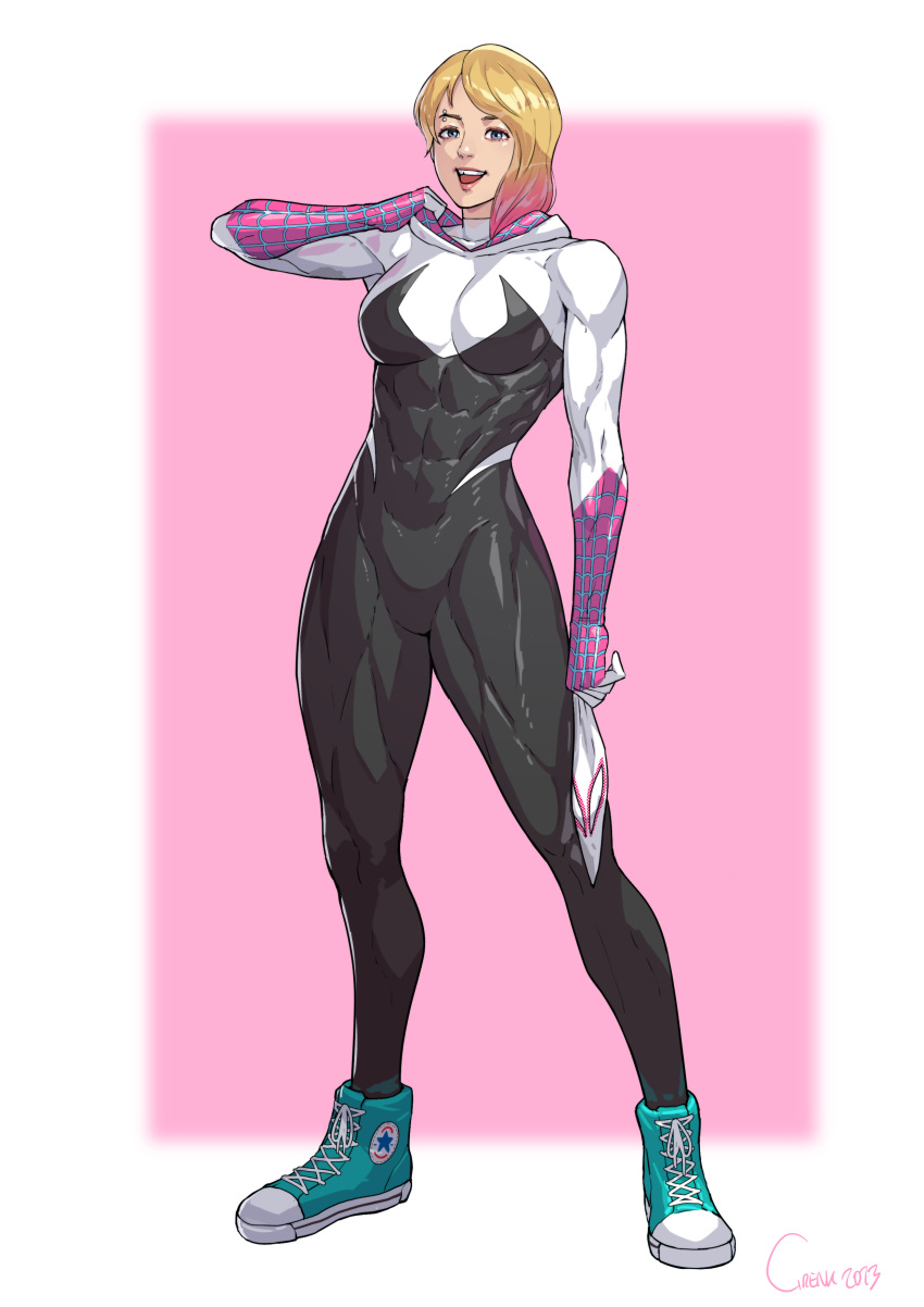 1girl abs absurdres blonde_hair bodysuit cirenk highres hood hood_down marvel mask multicolored_hair muscular muscular_female pink_hair shoes sneakers solo spider-gwen spider-man:_across_the_spider-verse spider-man:_into_the_spider-verse spider-man_(series) toned