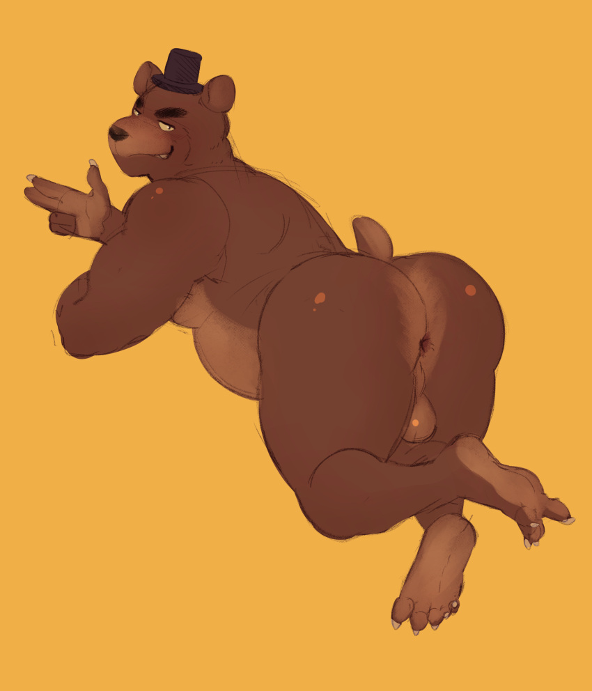 2023 absurd_res anthro anus balls bear belly big_butt brown_body butt clothing digital_media_(artwork) feet five_nights_at_freddy's freddy_(fnaf) genitals hat headgear headwear hi_res looking_at_viewer male mammal nude rear_view scottgames simple_background slightly_chubby smile smirk snaftfc solo