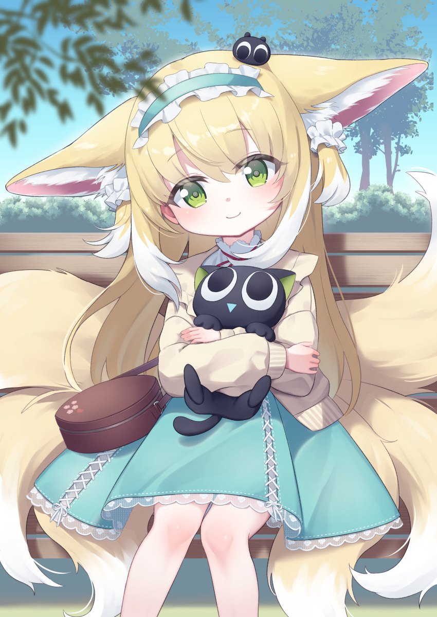 1girl absurdres animal animal_ear_fluff animal_ears aqua_hairband aqua_skirt arknights bag black_cat blonde_hair blush brown_bag cardigan cat closed_mouth commission commissioner_upload crossover extra_ears fox_ears fox_girl fox_tail frilled_hairband frills green_eyes hair_ornament hair_scrunchie hairband heixiu highres holding holding_animal kitsune kokone_(coconeeeco) kyuubi lace-trimmed_skirt lace_trim long_hair long_sleeves luo_xiaohei luo_xiaohei_zhanji medium_skirt multicolored_hair multiple_tails neck_ribbon non-web_source official_alternate_costume on_bench on_head outdoors puffy_long_sleeves puffy_sleeves red_ribbon ribbon scrunchie shirt shoulder_bag sidelocks sitting sitting_on_bench skeb_commission skirt sleeve_cuffs smile solo stitches suzuran_(arknights) suzuran_(spring_praise)_(arknights) tail two-tone_hair white_hair white_shirt yellow_cardigan