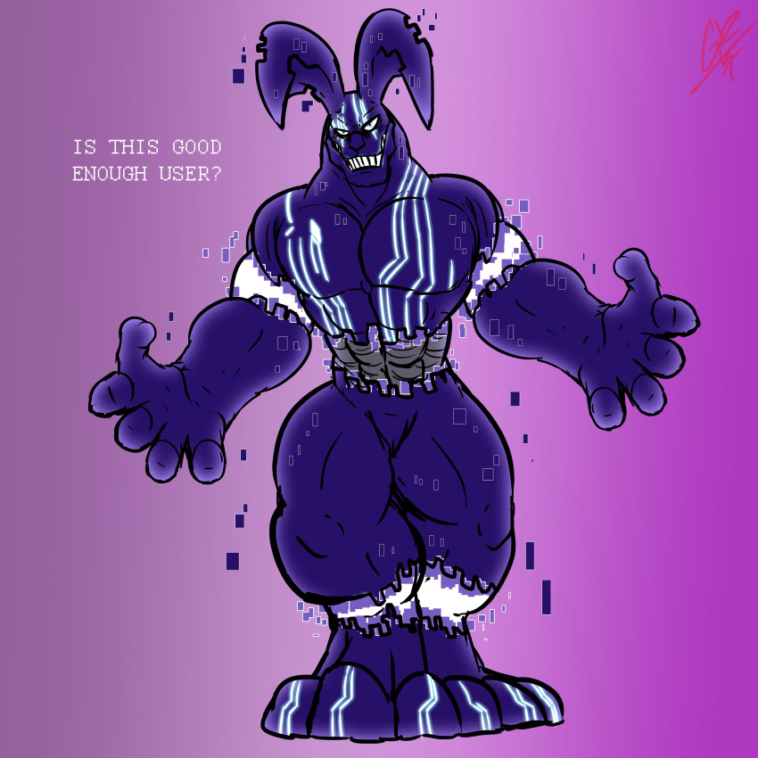 1:1 abs absurd_res anthro big_feet big_muscles digital_creature feet five_nights_at_freddy's five_nights_at_freddy's:_security_breach five_nights_at_freddy's:_security_breach_ruin genitals glitch glowing glowing_eyes glowing_genitalia glowing_markings glowing_penis grin hi_res lagomorph leporid looking_at_viewer machine male mammal markings muscular muscular_thighs mxes_(fnaf) nude penis rabbit robot scottgames smile smirk solo solo_focus spread_arms steel_wool_studios text