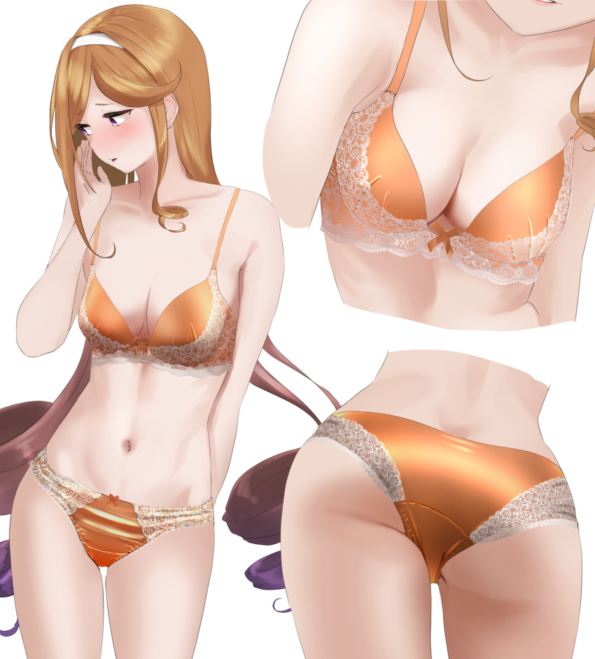 1girl absurdres ass asymmetrical_sidelocks bra breasts commission drill_hair gradient_hair hairband highres kantai_collection long_hair medium_breasts multicolored_hair navel orange_bra orange_hair orange_panties panties pixiv_commission purple_eyes purple_hair tama_(tamago) underwear underwear_only white_hairband yuugure_(kancolle)