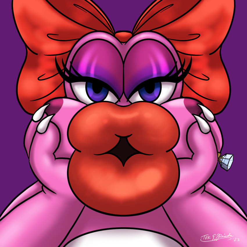 accessory anthro birdo birdo_(character) bow_(feature) bow_accessory bow_ribbon centered_hair_bow cross_dresser digital_media_(artwork) first_person_view girly hair_accessory hair_bow hair_ribbon hi_res kissing_pov kissy_face lidded_eyes lips lipstick looking_at_viewer makeup mario_bros nintendo puckered_lips red_lipstick reptile ribbons scalie simple_background solo tekandprieda_(artist) video_games