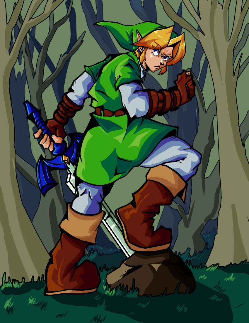 5_fingers absurd_res biped blonde_hair boots brolyrooni cc-by-nc clothed clothing creative_commons fingers footwear grass green_clothing hair hi_res holding_object holding_sword holding_weapon humanoid humanoid_pointy_ears hylian link male master_sword melee_weapon nintendo not_furry plant solo sword the_legend_of_zelda tree weapon