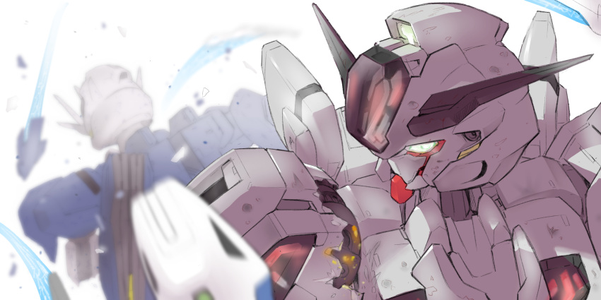 bit_(gundam) blurry blurry_background commentary_request damaged green_eyes gundam gundam_aerial_rebuild gundam_calibarn gundam_suisei_no_majo highres mecha mobile_suit motion_blur ni~tsu_kashi no_humans robot science_fiction simple_background sparks turning_head upper_body v-fin white_background