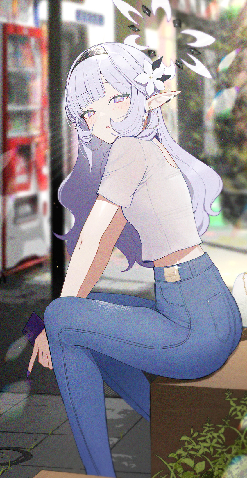 1girl alternate_costume black_hairband blue_archive blue_pants cellphone day denim earrings grey_hair hairband halo highres himari_(blue_archive) holding holding_phone jewelry long_hair looking_at_viewer outdoors pants parted_lips phone pointy_ears purple_eyes purple_halo shirt short_sleeves smartphone solo striped striped_hairband white_shirt zanya_000