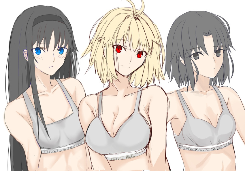 3girls ahoge arcueid_brunestud black_hair blonde_hair blue_eyes blush breasts closed_mouth grey_eyes hair_between_eyes iro_(sekaixiro) kara_no_kyoukai long_hair looking_at_viewer medium_breasts multiple_girls red_eyes ryougi_shiki short_hair small_breasts smile tohno_akiha tsukihime tsukihime_(remake) white_background