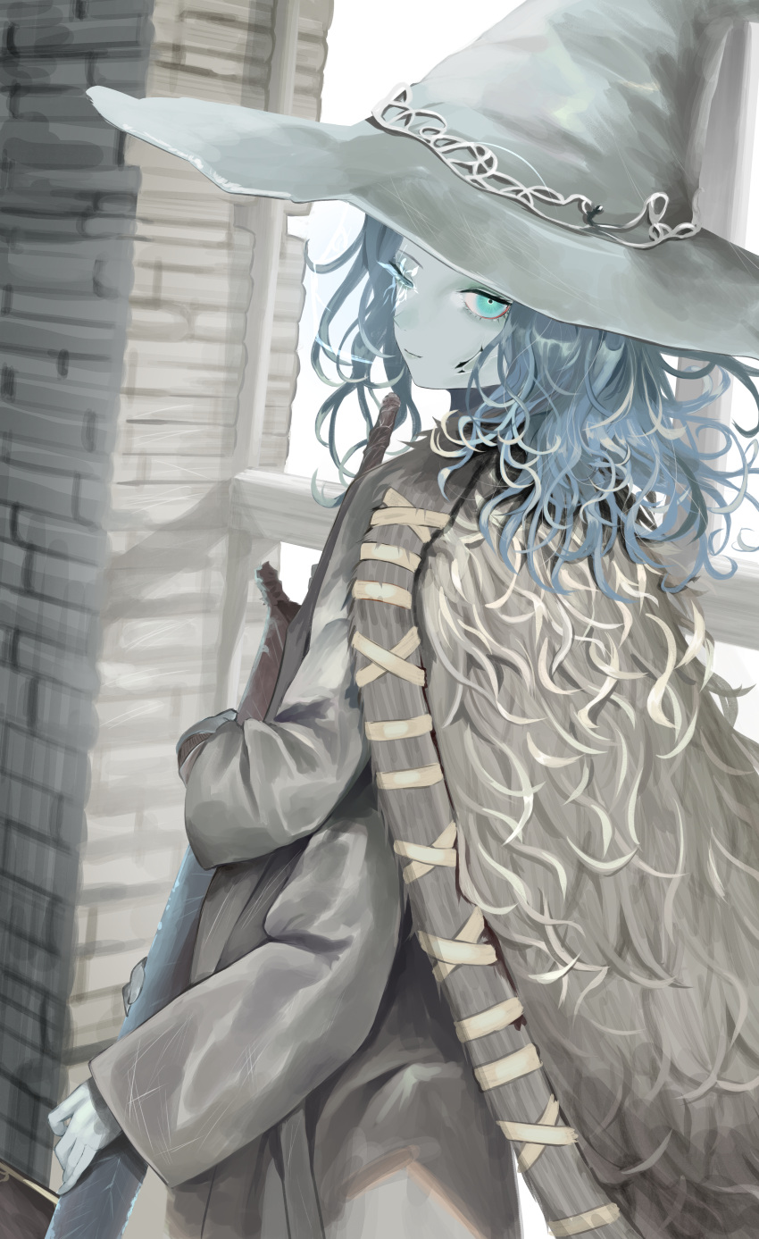 1girl absurdres basaru_1106 blue_eyes blue_hair breasts cloak cracked_skin dress elden_ring extra_arms fur_cloak grey_dress hat highres large_hat long_hair long_sleeves looking_at_viewer one_eye_closed pale_skin ranni_the_witch small_breasts solo white_headwear witch_hat