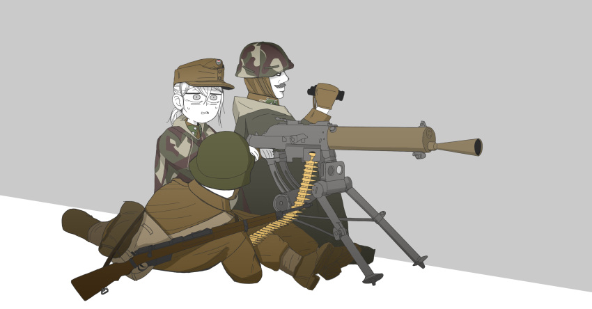 1girl 2boys absurdres belt_feed binoculars camouflage camouflage_headwear camouflage_jacket gun highres hungary jacket machine_gun mannlicher_m1886 military military_rank_insignia military_uniform multiple_boys original rifle schwarzlose_machine_gun tripod uniform user_kneh2877 weapon world_war_i