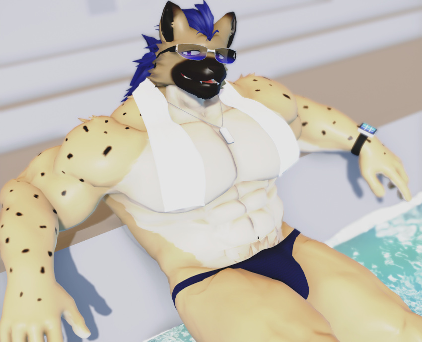 3d_(artwork) anthro blue_hair clothing digital_media_(artwork) eyewear hair hi_res hyena looking_at_viewer male malicekira mammal mmd muscular muscular_male open_mouth poolside smile solo speedo spotted_hyena sunglasses swimwear towel towel_around_neck waidan_kai