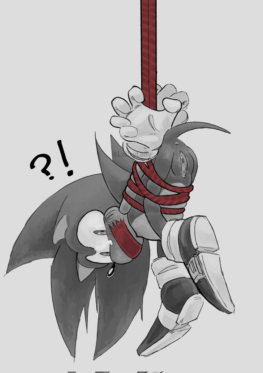 ?! andromorph anthro bdsm black_and_white_and_red bondage bound clothing eulipotyphlan exclamation_point footwear gag genitals gloves handwear hanging_from_ceiling hedgehog hi_res intersex lollzylolly mammal pussy question_mark restraints rope rope_bondage sega shoes solo sonic_the_hedgehog sonic_the_hedgehog_(series) tape tape_gag