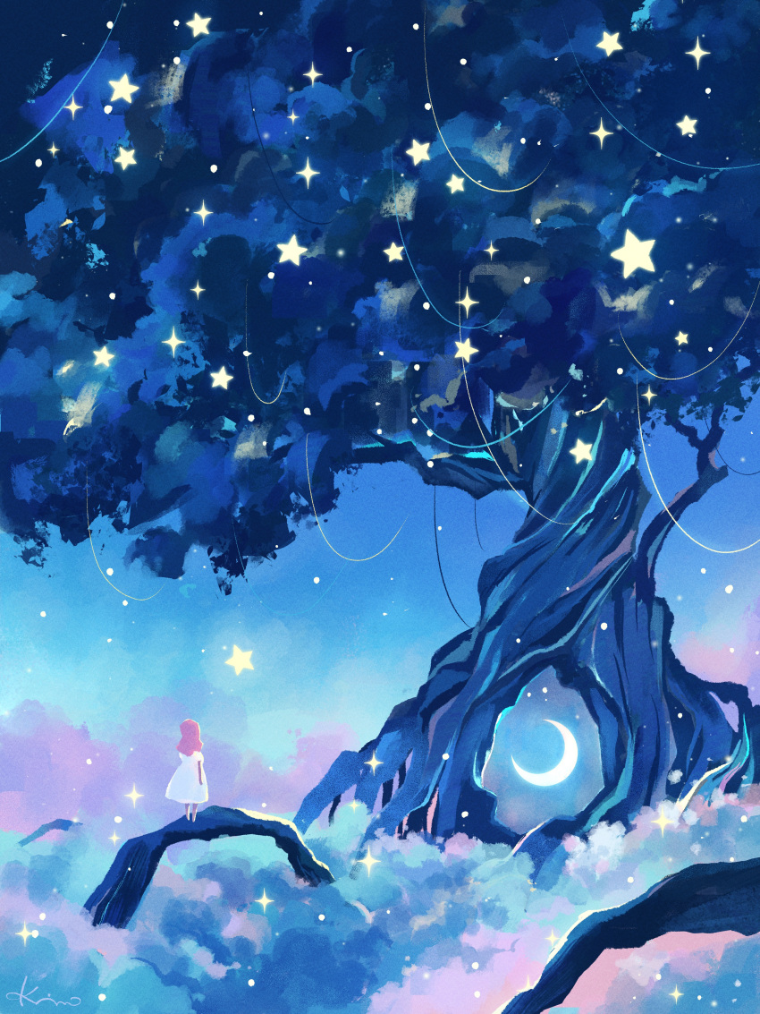 1girl above_clouds absurdres artist_name cloud commentary_request crescent_moon dress facing_away from_behind highres long_hair moon night original pink_hair plant roots short_sleeves signature solo sparkle standing star_(sky) star_(symbol) tree vines white_dress wide_shot yuzuki_kino