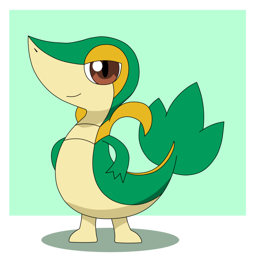 2023 ambiguous_gender brown_eyes generation_5_pokemon hi_res looking_at_viewer nintendo pokemon pokemon_(species) shaded simple_background smile smiling_at_viewer snivy solo tyrotspacecat