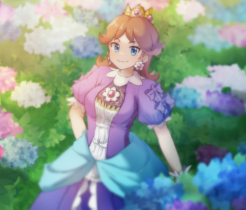 1girl absurdres alternate_color blue_eyes blue_flower bow brown_hair crown dress earrings eyelashes flipped_hair flower flower_earrings gloves hand_on_own_hip highres hydrangea jewelry long_hair mario_(series) misowhite pink_flower player_2 princess_daisy puffy_short_sleeves puffy_sleeves purple_bow purple_dress purple_flower short_hair short_sleeves sleeve_bow smile super_smash_bros. white_flower white_gloves