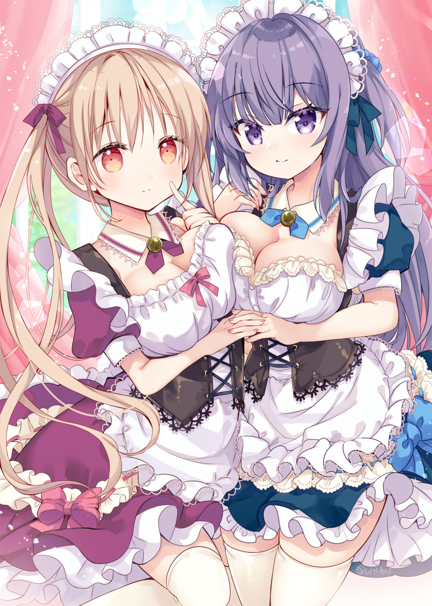 2girls apron asymmetrical_docking blue_dress bow breast_press breasts cleavage closed_mouth commentary_request curtains day dress frilled_apron frilled_dress frills hair_bow hand_up highres hinata_momo indoors interlocked_fingers large_breasts light_brown_hair maid maid_headdress medium_breasts multiple_girls original puffy_short_sleeves puffy_sleeves purple_bow purple_dress purple_eyes purple_hair red_eyes short_sleeves smile thighhighs twintails twitter_username white_apron white_thighhighs window