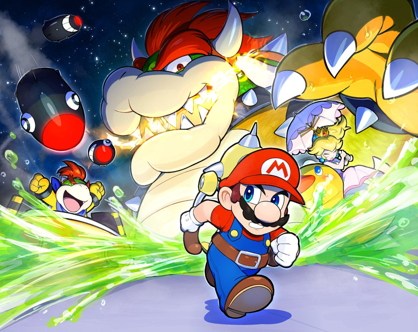 1girl 3boys ^_^ arms_up blue_eyes bowser bowser_jr. brown_footwear brown_hair bullet_bill claws clenched_hands closed_eyes dress f.l.u.d.d. facial_hair fang fire gloves hat highres holding holding_umbrella hoshi_(star-name2000) mario mario_(series) multiple_boys mustache open_mouth parasol pink_dress princess_peach red_headwear rubber_duck sharp_teeth spikes super_mario_sunshine teeth umbrella water white_gloves