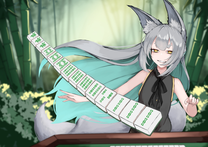 1girl absurdres animal_ear_fluff animal_ears aqua_hair bamboo bamboo_forest black_ribbon breasts colored_inner_hair fangs forest fox_ears fox_girl fox_tail grey_hair grin highres mahjong multicolored_hair nature orange_eyes original ribbon ryuuiisou sleeveless slit_pupils small_breasts smile tail teeth yaho_nyan