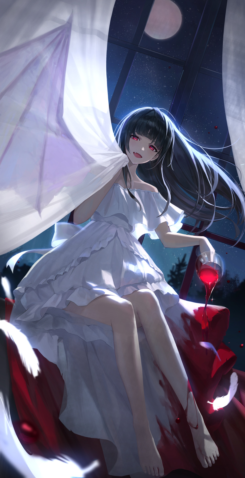1girl absurdres aimitkkays ambiguous_red_liquid barefoot black_hair blood blood_on_leg blood_stain blunt_bangs cup curtain_grab curtains dress drinking_glass falling_feathers fang feathers frilled_dress frills full_body full_moon hair_spread_out highres holding holding_cup long_hair looking_at_viewer moon night night_sky off-shoulder_dress off_shoulder open_mouth original red_eyes sidelocks sitting sky solo spilling vampire white_dress white_feathers wine_glass