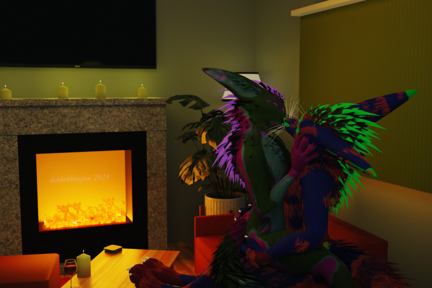 2023 3:2 3d_(artwork) alcohol anthro beverage bioluminescence blue_body blue_fur candle canid canine claws detailed_background digital_media_(artwork) dobbobbington duo female female_on_top finger_claws fire fireplace fox fur furniture glowing green_body green_fur hand_on_butt hand_on_face hi_res inside intimate kissing lamp livingroom male male/female male_on_bottom mammal multicolored_body multicolored_fur narrowed_eyes on_bottom on_top pink_body pink_fur plant plant_pot potted_plant realistic rexouium romantic romantic_ambiance romantic_couple sitting sofa tail television toe_claws watermark wine