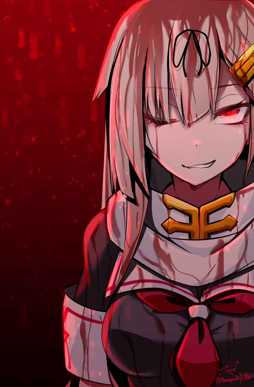 1girl absurdres artist_name baileys_(tranquillity650) black_ribbon black_serafuku blonde_hair blood blood_in_hair blood_on_clothes blood_on_face grin hair_flaps hair_ornament hair_ribbon hairclip highres kantai_collection long_hair neckerchief one_eye_closed red_eyes red_neckerchief ribbon scarf school_uniform serafuku short_sleeves signature smile solo twitter_username upper_body white_scarf yuudachi_(kancolle) yuudachi_kai_ni_(kancolle)