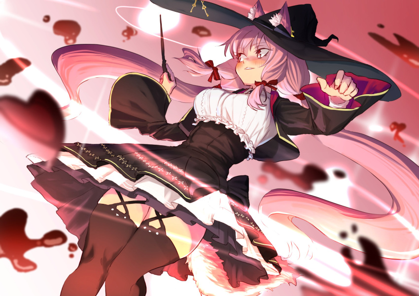 1girl absurdres animal_ear_fluff animal_ears black_dress black_headwear black_thighhighs breasts candy cat_ears cat_girl cat_tail chocolate dress ears_through_headwear food hair_ribbon hat heart heart-shaped_chocolate highres holding holding_wand indie_virtual_youtuber key long_hair long_sleeves looking_to_the_side medium_breasts meika_ruka pink_hair ribbon smile tail thighhighs twintails very_long_hair virtual_youtuber wand wide_sleeves witch_hat zareshima