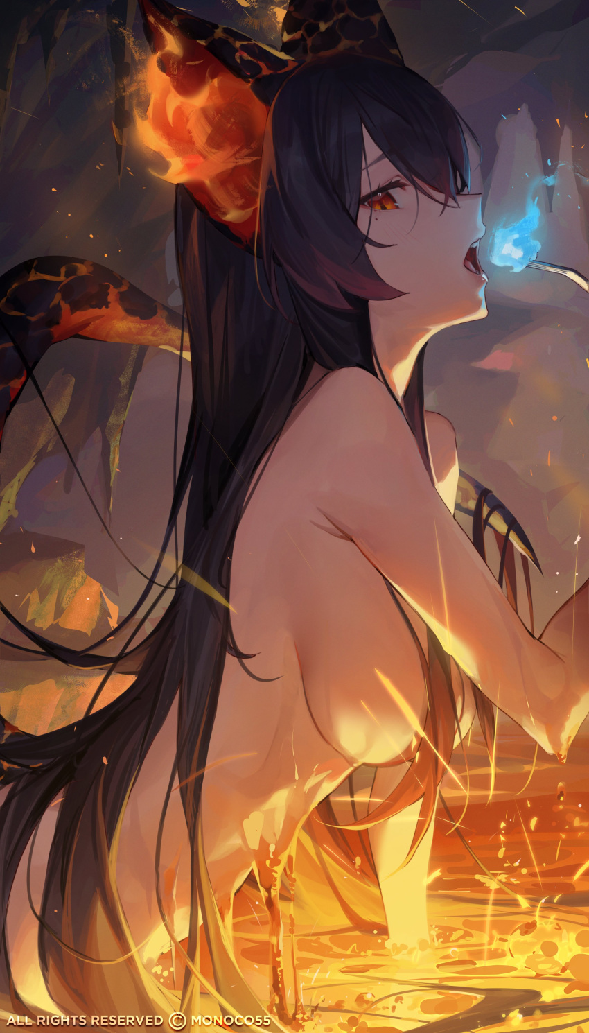 1girl absurdres animal_ears black_hair blue_fire breasts completely_nude copyright_request fire from_side hair_over_breasts highres lips long_hair looking_at_viewer medium_breasts mole mole_under_eye molten_rock monosucre nude open_mouth partially_submerged red_eyes solo tail teeth upper_teeth_only virtual_youtuber