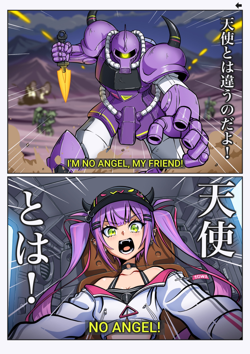 1girl choker cockpit cropped_jacket ear_piercing emphasis_lines fangs gouf green_eyes gundam hat highres holding holding_knife hololive knife mecha mobile_suit_gundam nyaring943 o-ring o-ring_choker piercing purple_hair robot tokoyami_towa twintails virtual_youtuber zaku_ii