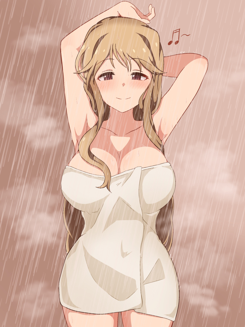 1girl absurdres armpits arms_up bare_arms beamed_sixteenth_notes blush breasts brown_hair cleavage closed_mouth collarbone commission covered_navel cowboy_shot highres idolmaster idolmaster_million_live! large_breasts long_hair looking_at_viewer milliani musical_note naked_towel pixiv_commission red_eyes showering smile solo steam tenkubashi_tomoka towel very_long_hair water